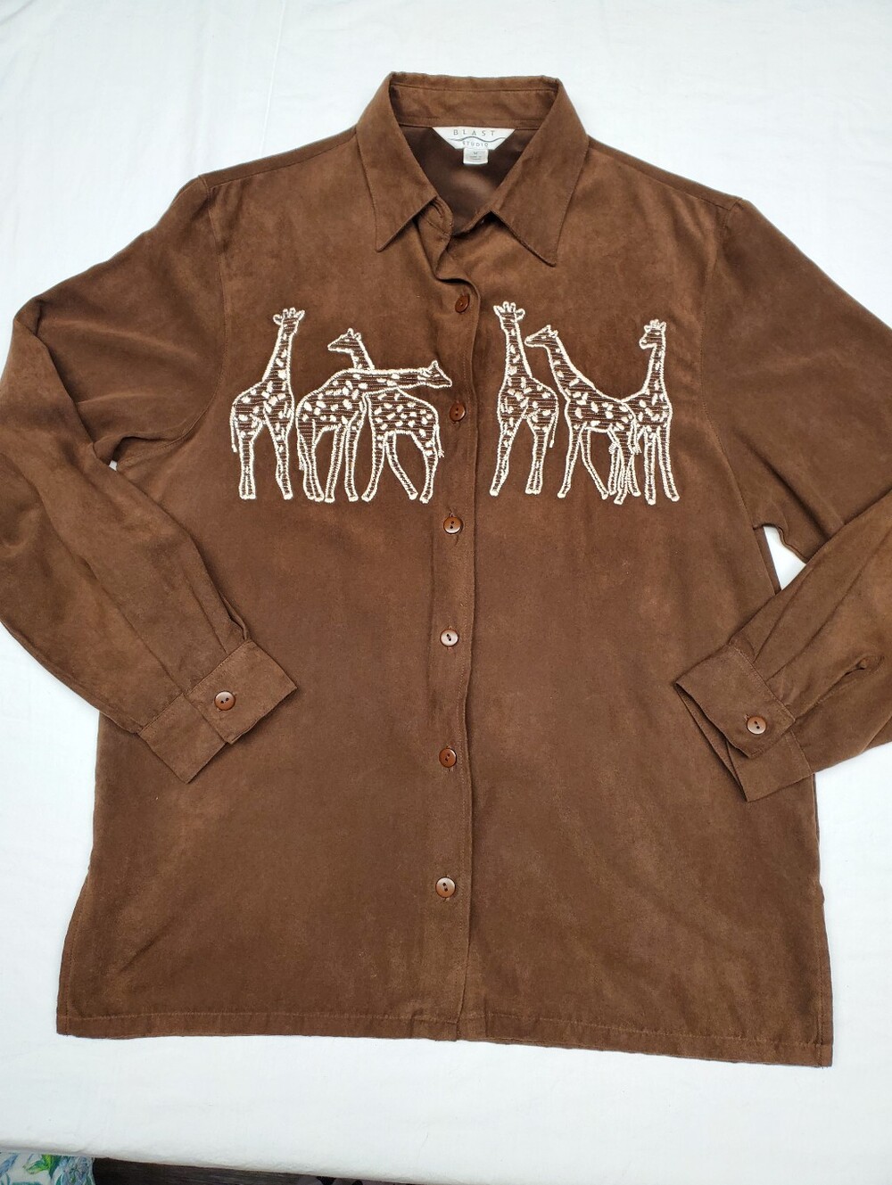 Blast Studio Brown Faux Suede Giraffe Embroidered Button Down Shirt | Medium